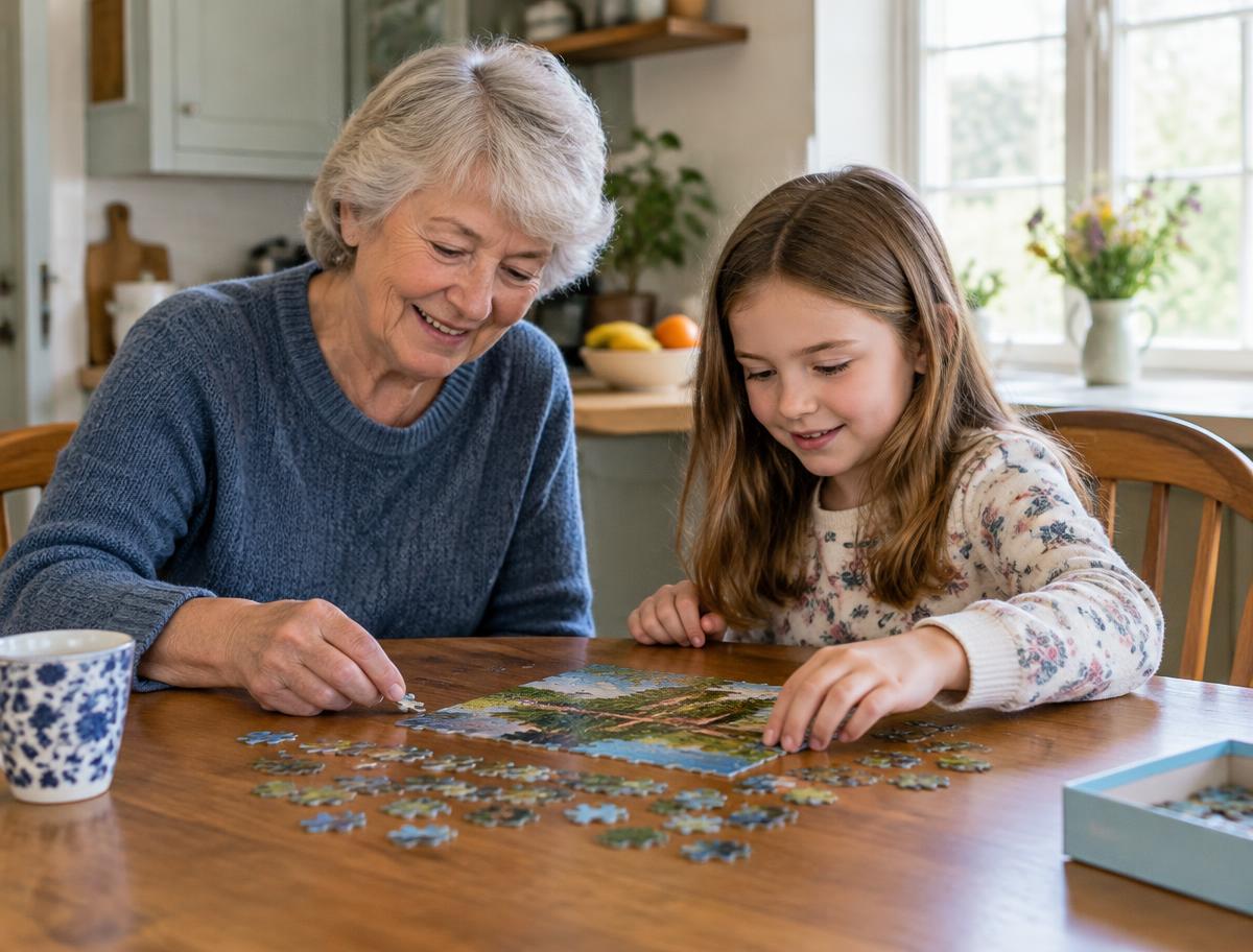 A grandmother and grandchild working on a puzzle together