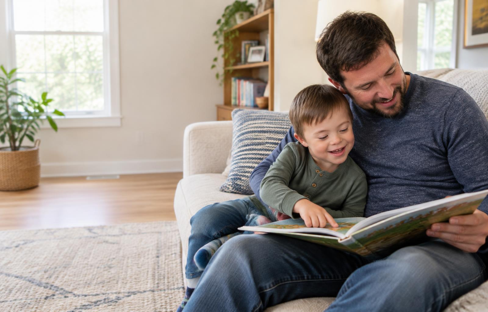 A dad and his son sharing a book at home